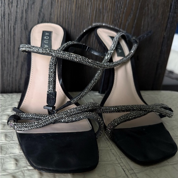 AQUA Black Suede Rhinestone Wrap Heels Size 9.5B – Bloomingdale’s Exclusive - Picture 4 of 9